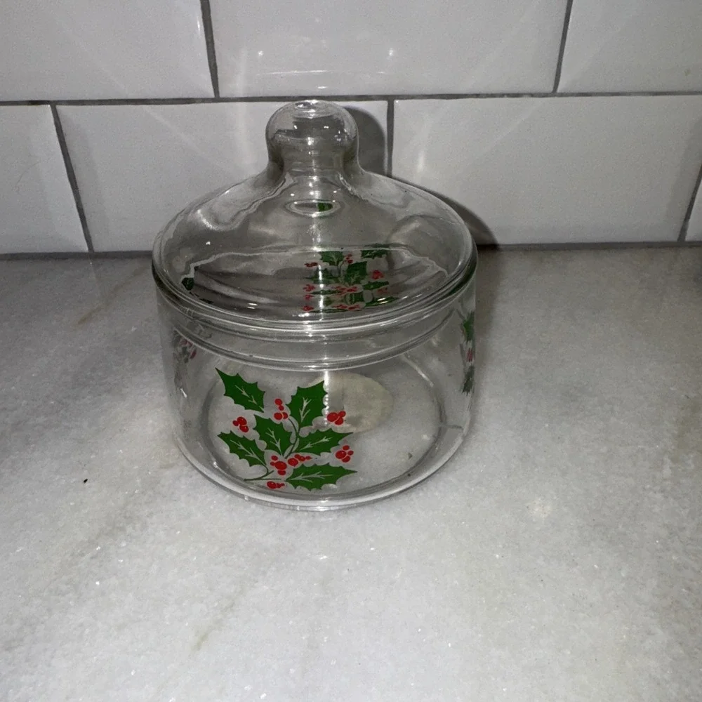 Vintage Christmas‎ Canister Apothecary Jar Candy Holly Indiana Glass